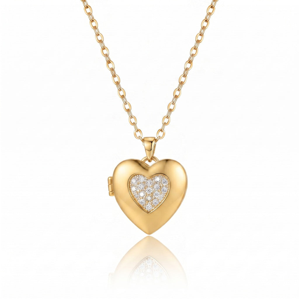 Personalized Sparkling Heart Photo Locket Necklace - Gold