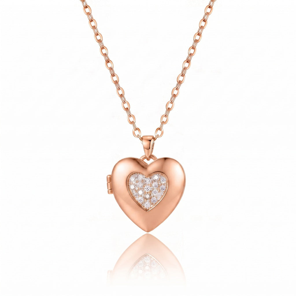 Personalized Sparkling Heart Photo Locket Necklace - Rose Gold