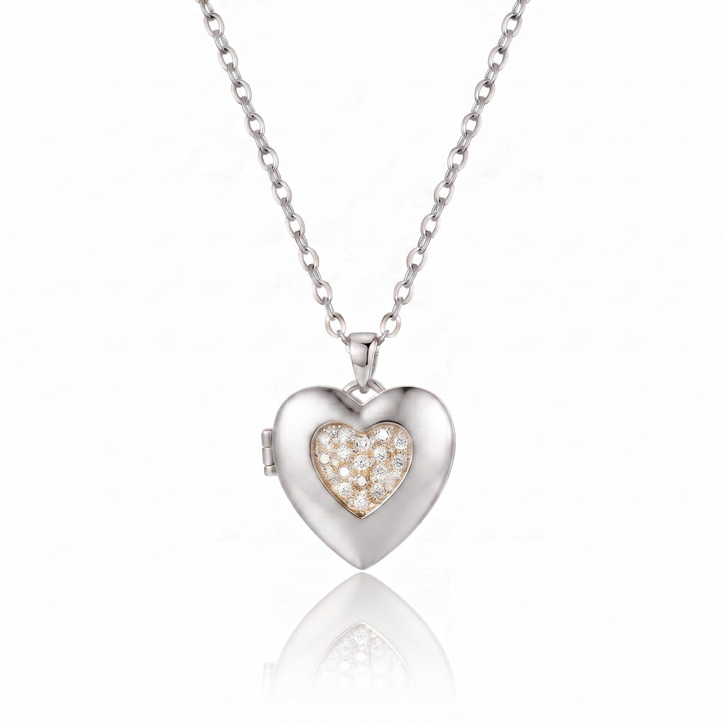 Personalized Sparkling Heart Photo Locket Necklace - Silver