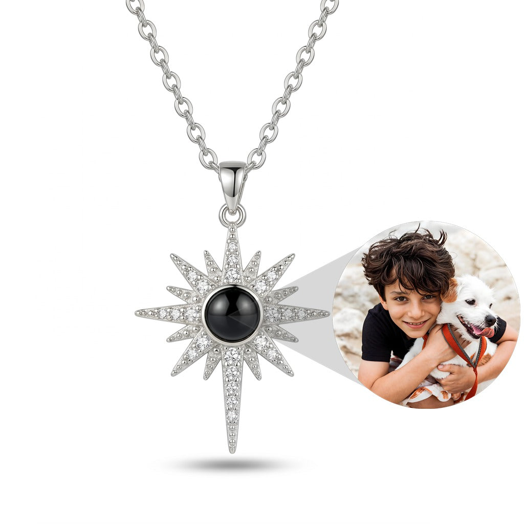 Personalized Starburst Photo Projection Necklace - Silver