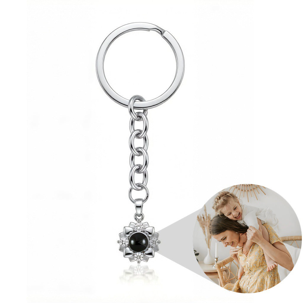 Personalized Sunflower Photo Projection Keychain - Silver