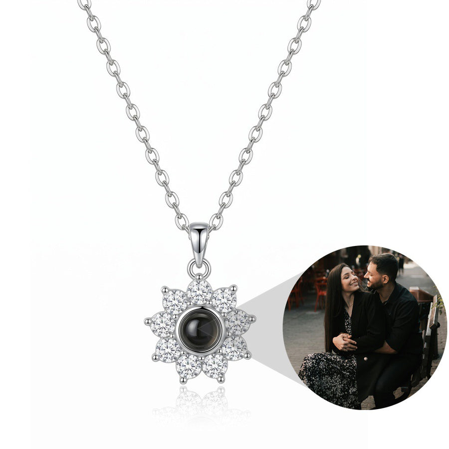 Personalized Sunflower Photo Projection Necklace - Silver