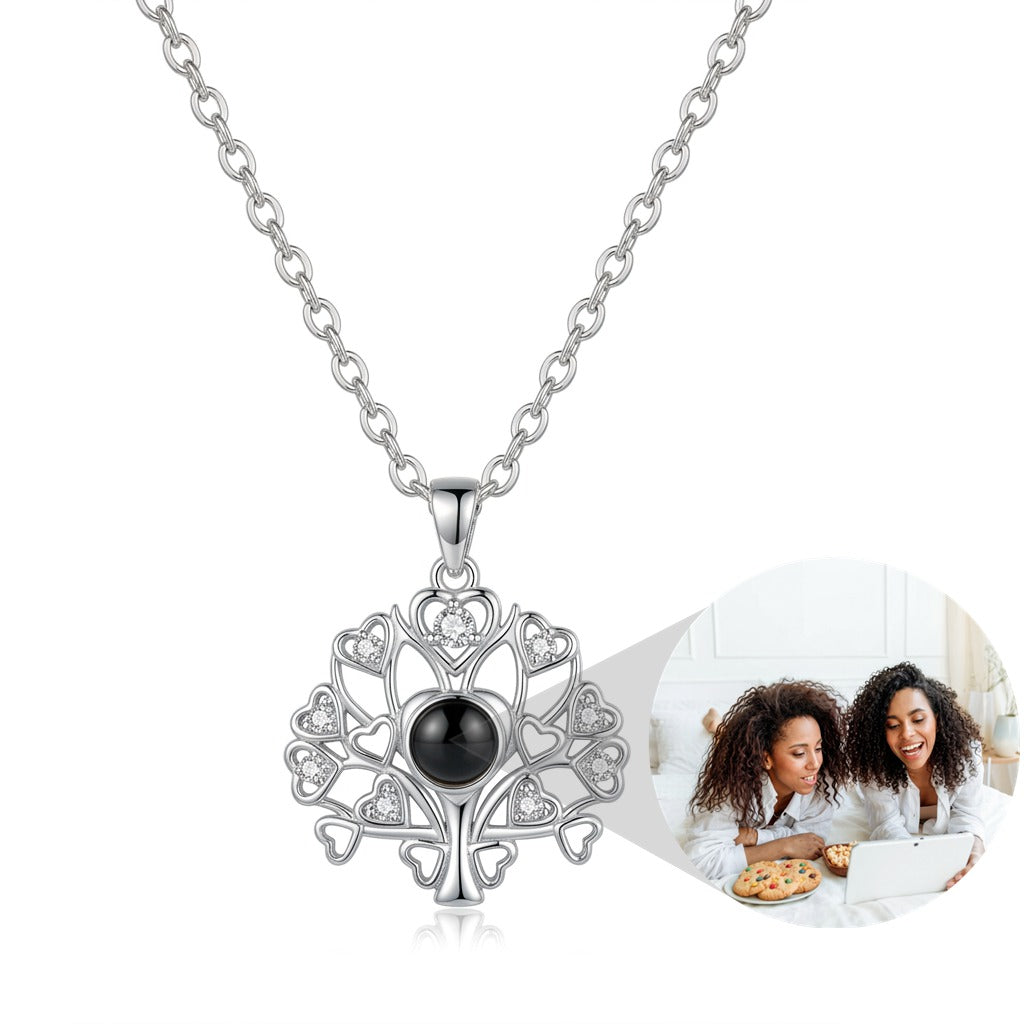 Personalized Tree Of Life Photo Projection Necklace - Silver