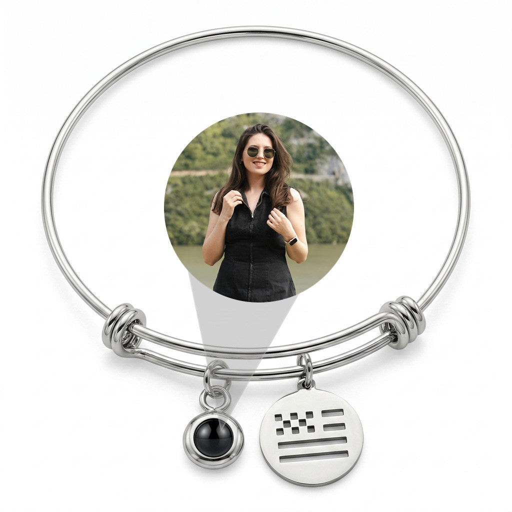 Personalized US Flag Photo Projection Bangle Bracelet - Silver