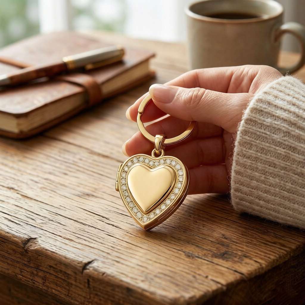 Personalized Vintage Lace Heart Photo Locket Keychain - Gold2
