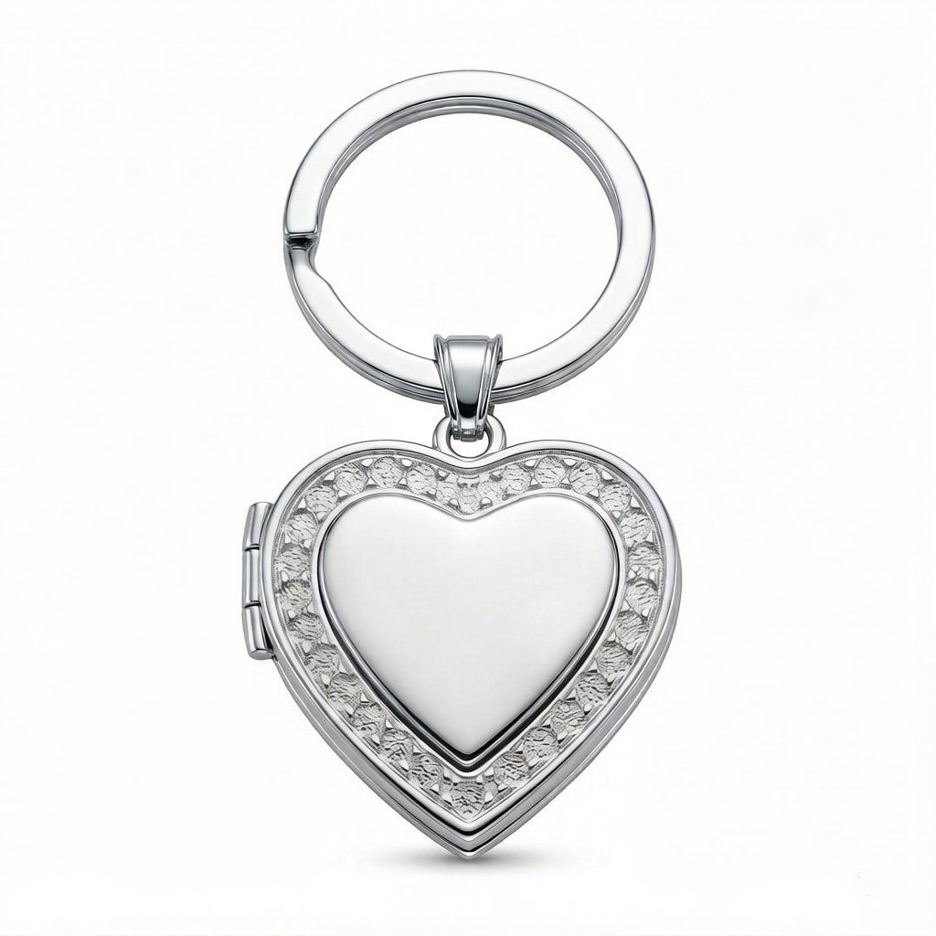 Personalized Vintage Lace Heart Photo Locket Keychain - Silver