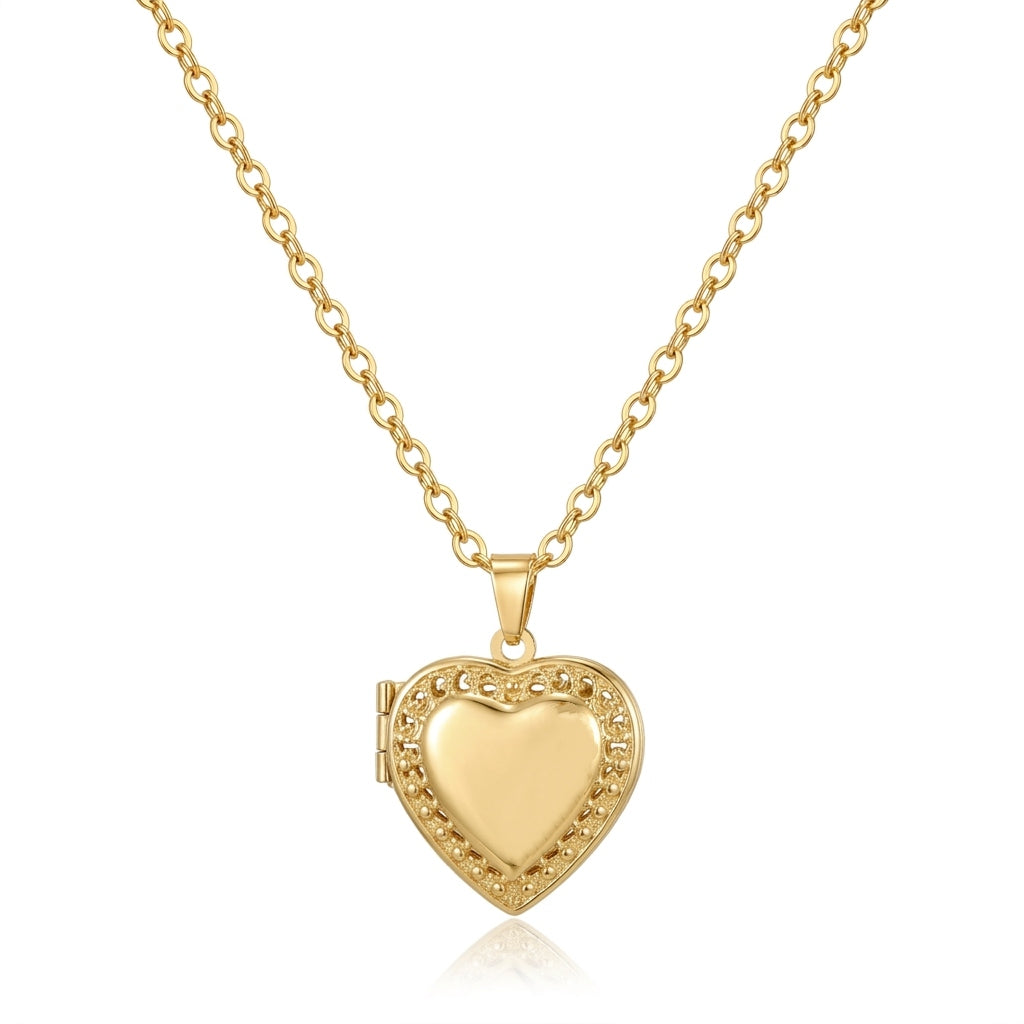 Personalized Vintage Lace Heart Photo Locket Necklace - Gold