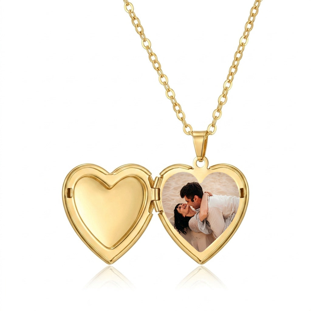Personalized Vintage Lace Heart Photo Locket Necklace - Gold1