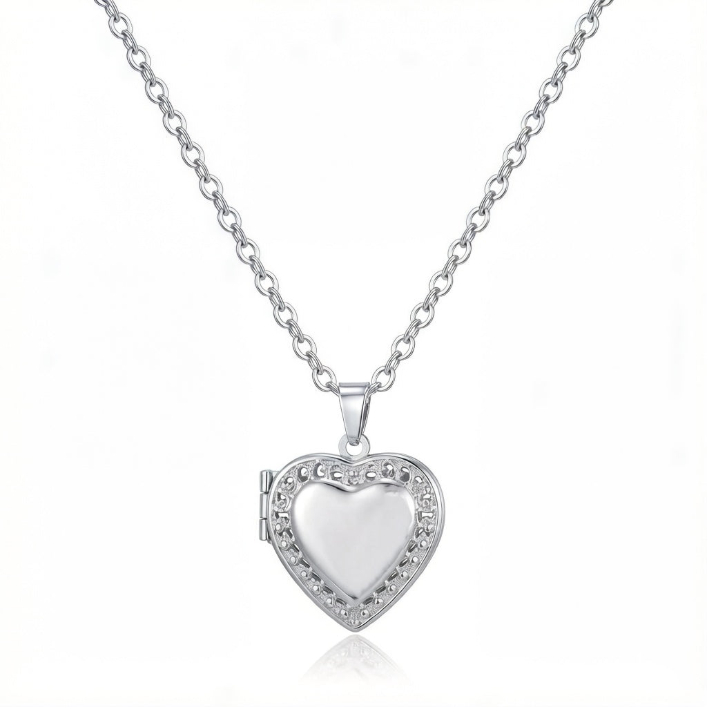 Personalized Vintage Lace Heart Photo Locket Necklace - Silver