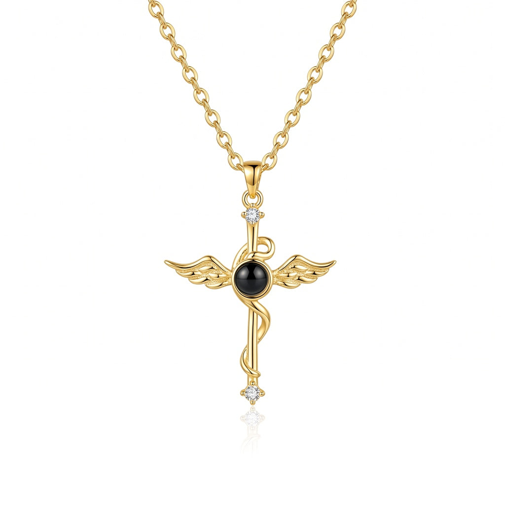 Personalized Winged Cross Photo Projection Necklace - Gold