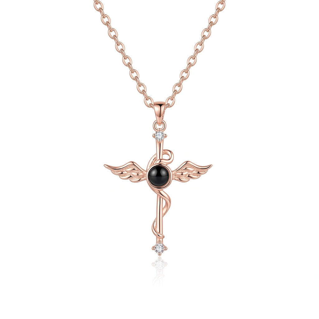 Personalized Winged Cross Photo Projection Necklace - Rose Gold