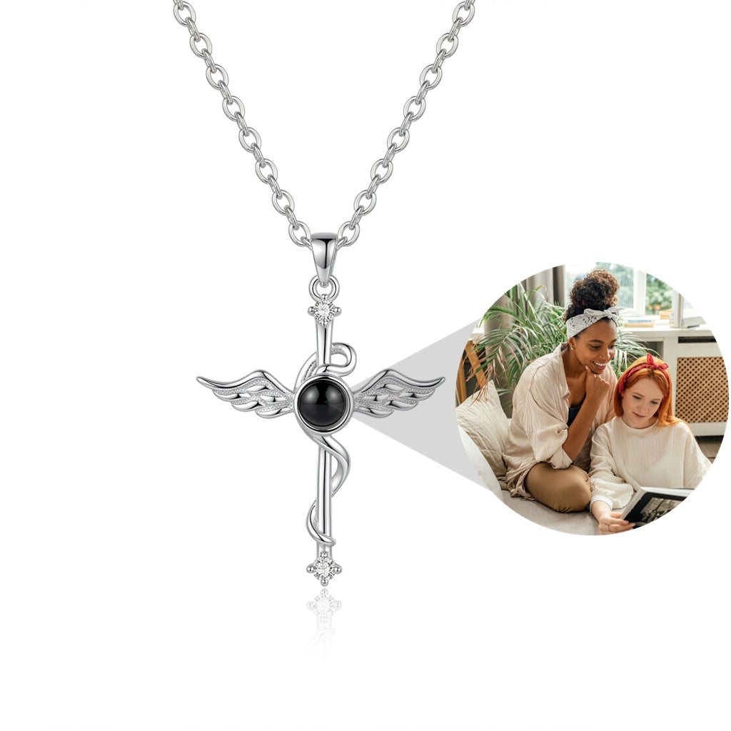 Personalized Winged Cross Photo Projection Necklace - Silver