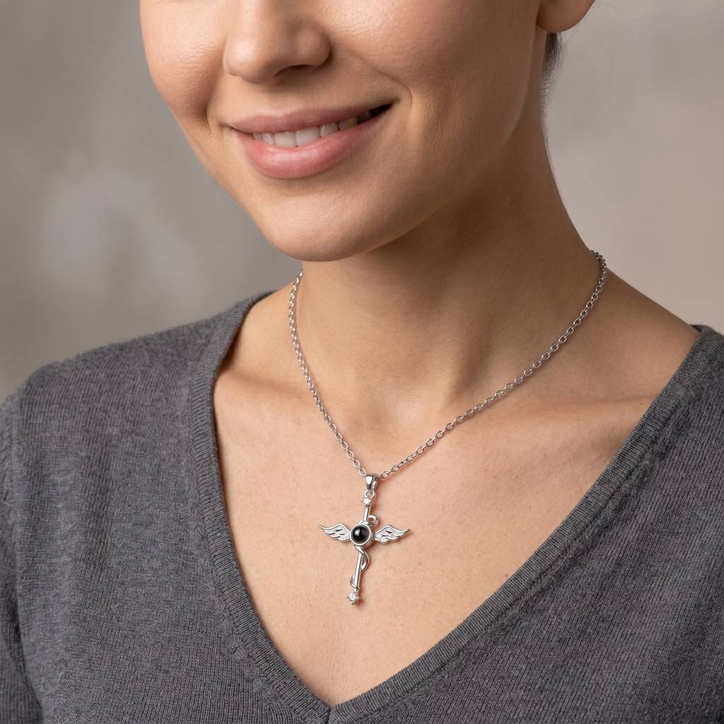 Personalized Winged Cross Photo Projection Necklace - Silver1