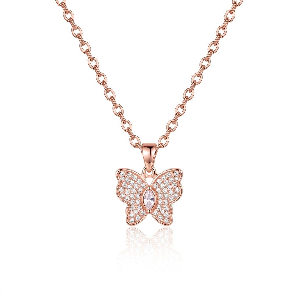 Rose Gold Personalized Engravable CZ Pave Butterfly Necklace