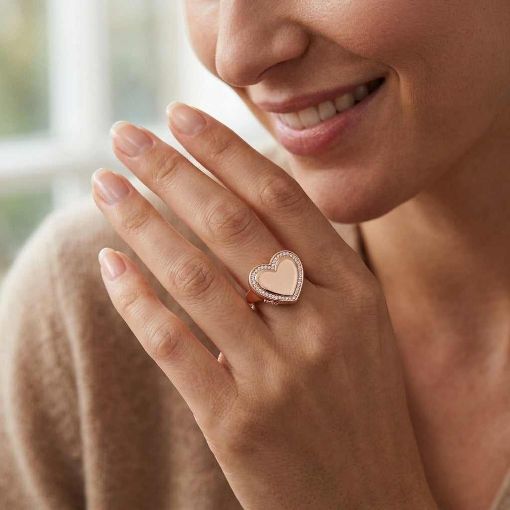 Personalized Crystal Heart Photo Locket Ring