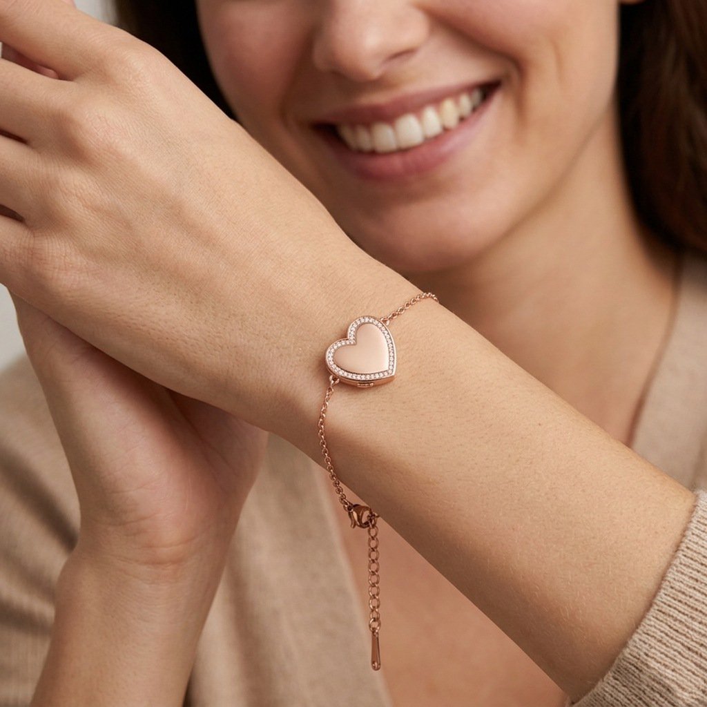 Personalized Crystal Heart Photo Locket Bracelet - Rose Gold1