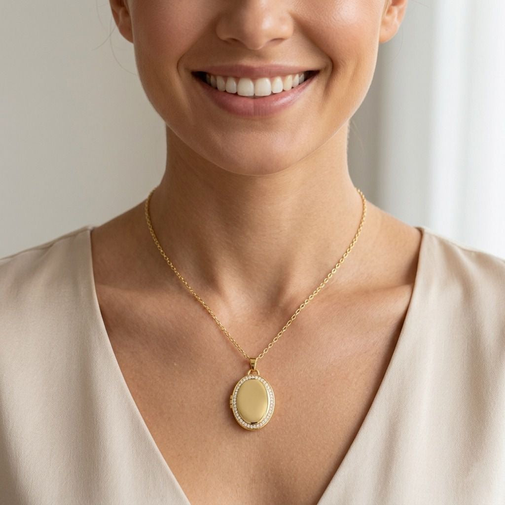 Personalized Crystal Oval Photo Locket Necklace - Gold1