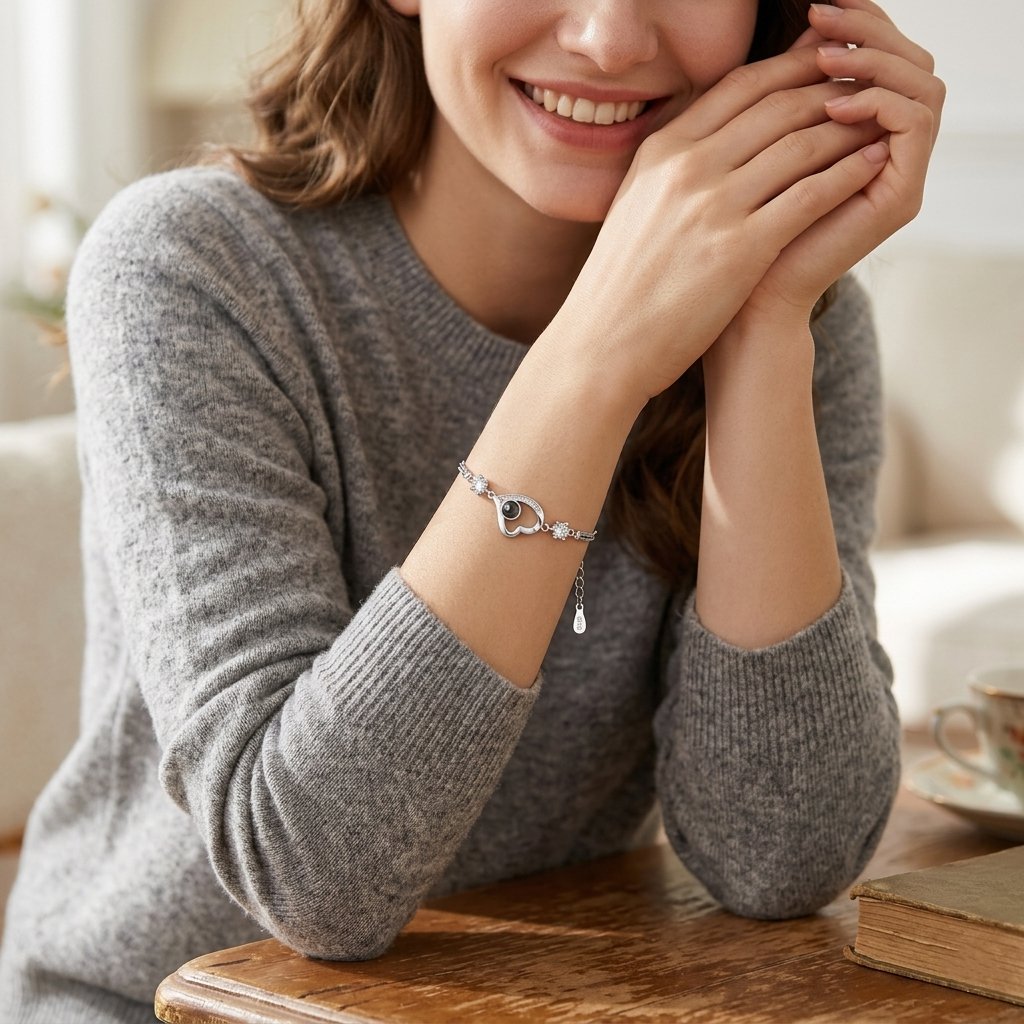 Personalized Heart Photo Projection Bracelet - Silver