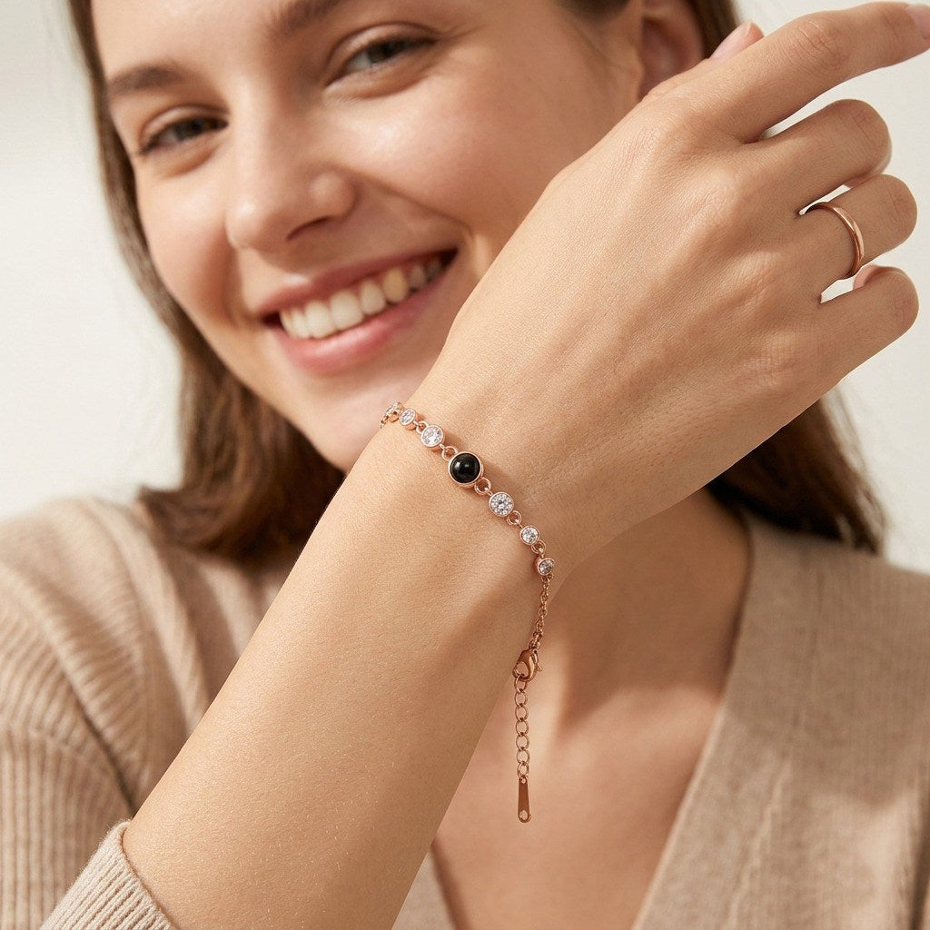 Personalized Scattered Crystal Photo Projection Bracelet - Rose Gold1