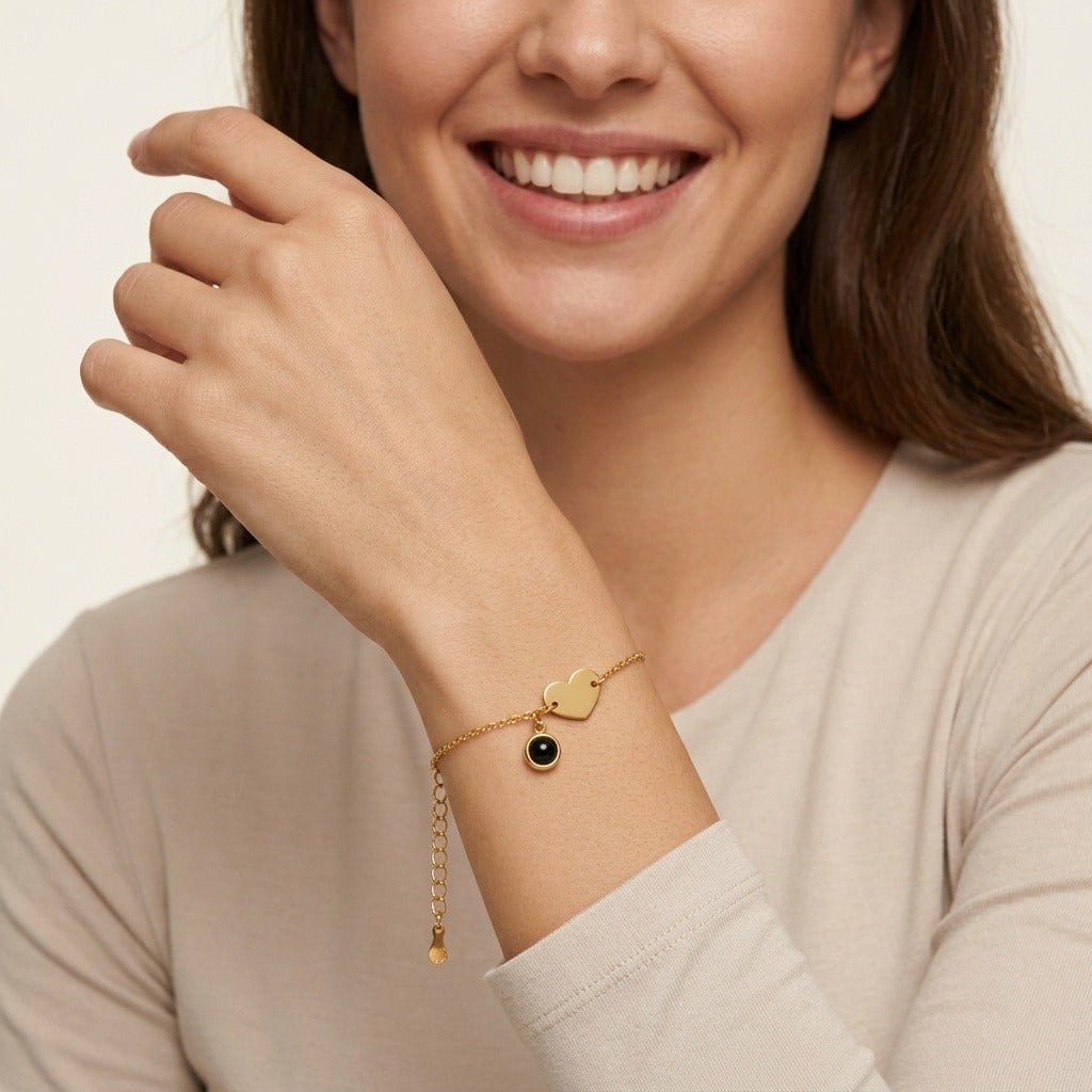 Personalized Heart and Circle Photo Projection Bracelet - Gold1
