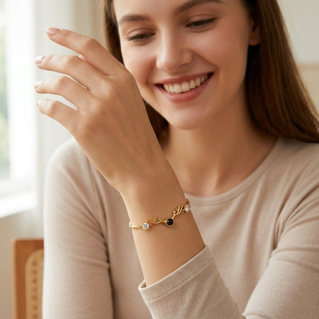 Personalized Antler Motif Photo Projection Bracelet - Gold