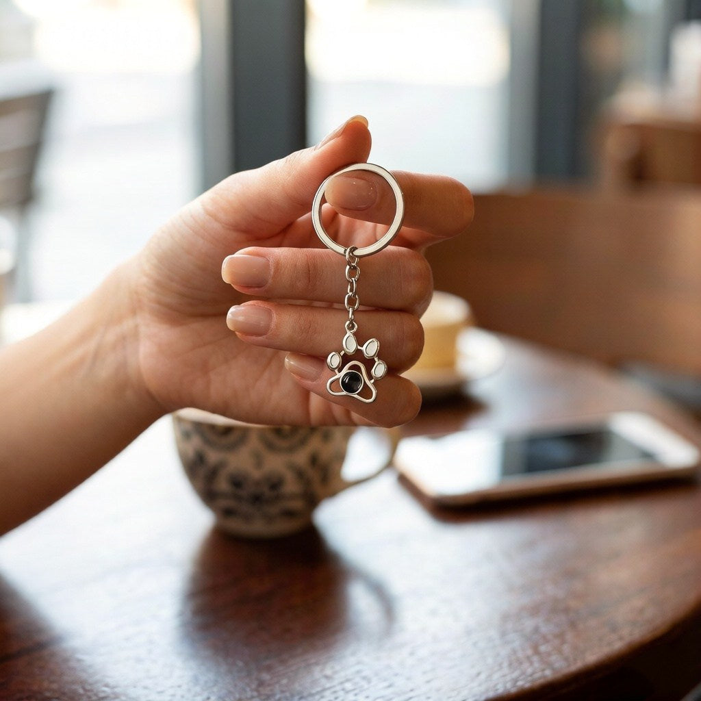 Personalized Dog Paw Print Photo Projection Keychain - Silver1