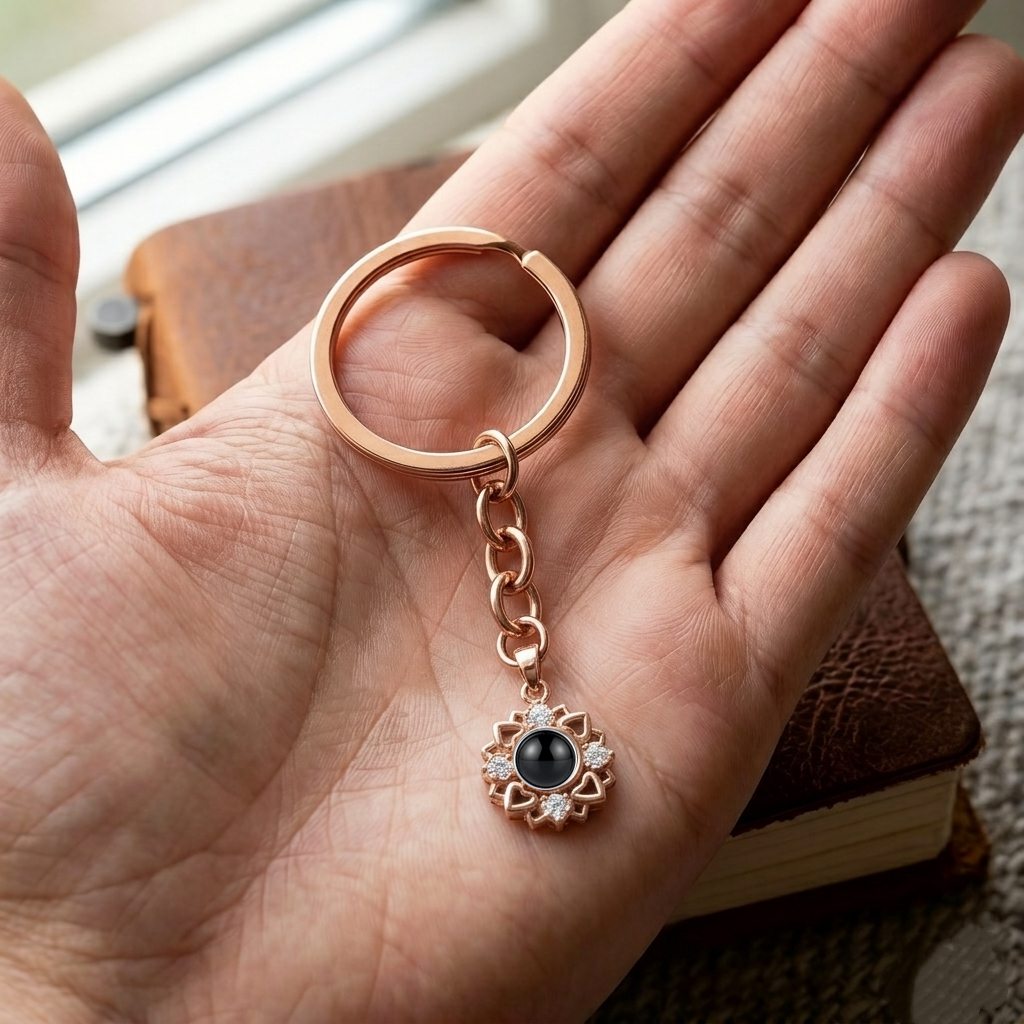 Personalized Sunflower Photo Projection Keychain - Rose Gold1
