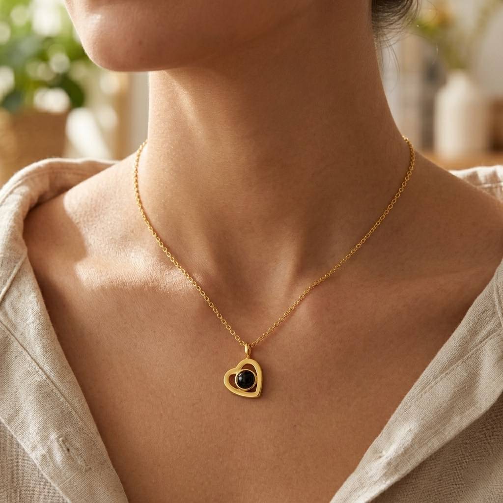 Personalized Minimalist Heart Photo Projection Necklace - Gold1