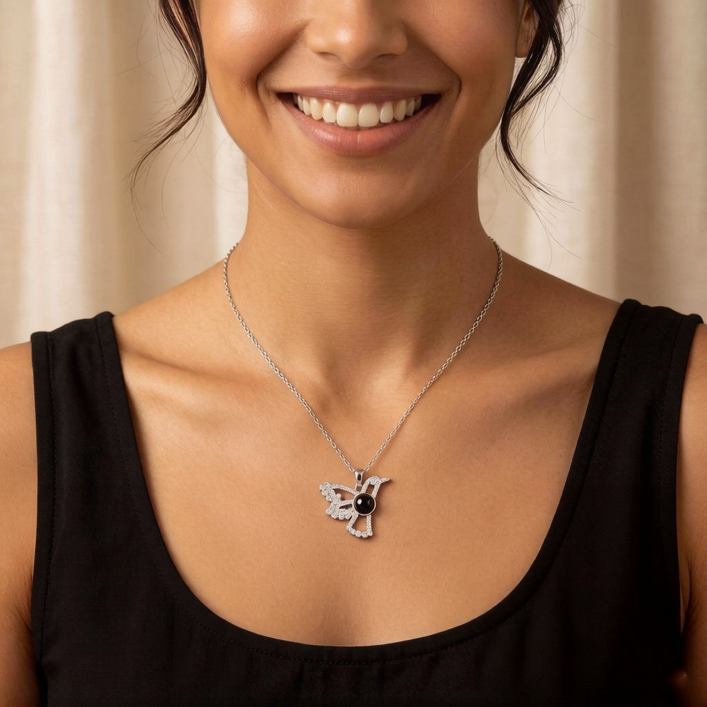 Personalized Hummingbird Photo Projection Necklace - Silver02