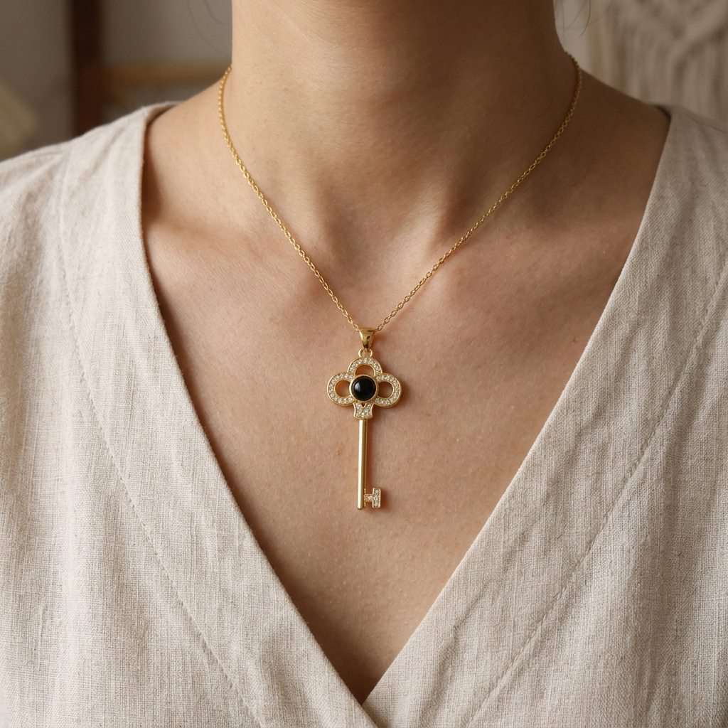 Personalized Key Pendant Photo Projection Necklace - Gold1